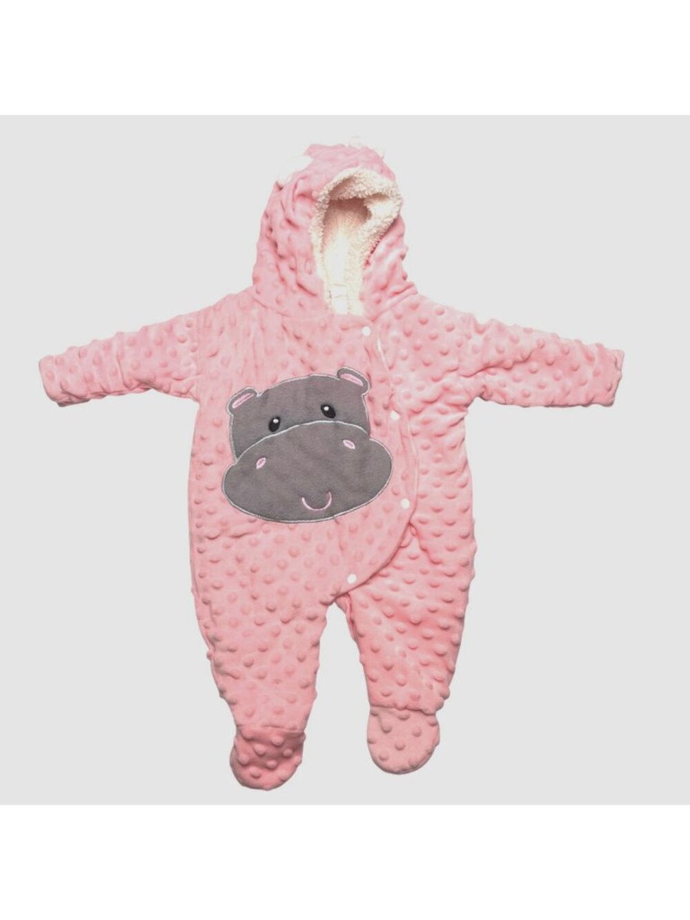 Pink Hippo Hooded Fleece Lined Bunting Suit With Ears & Snap Closure - Picture 1 of 6